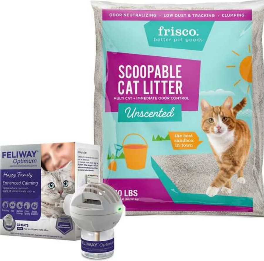 Cat * | Bundle: Feliway Optimum Enhanced Calming 30 Day Diffuser For Cats + Frisco Multi-Cat Unscented Clumping Clay Cat Litter, 40-Lb Bag Free Delivery