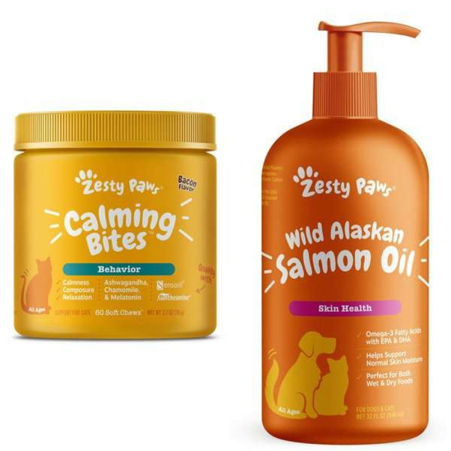 Cat * | Bundle: Zesty Paws Calming Bites Bacon Flavored Soft Chews Calming Supplement For Cats, 60 Count + Zesty Paws Wild Alaskan Salmon Oil Liquid Skin & Coat Supplement For Dogs & Cats, 32-Oz Bottle Free Delivery