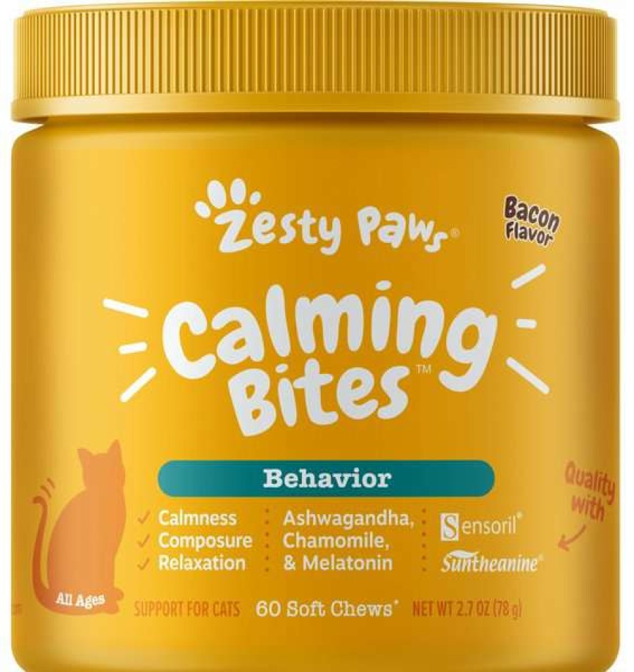 Cat * | Bundle: Zesty Paws Calming Bites Bacon Flavored Soft Chews Calming Supplement For Cats, 60 Count + Zesty Paws Wild Alaskan Salmon Oil Liquid Skin & Coat Supplement For Dogs & Cats, 32-Oz Bottle Free Delivery