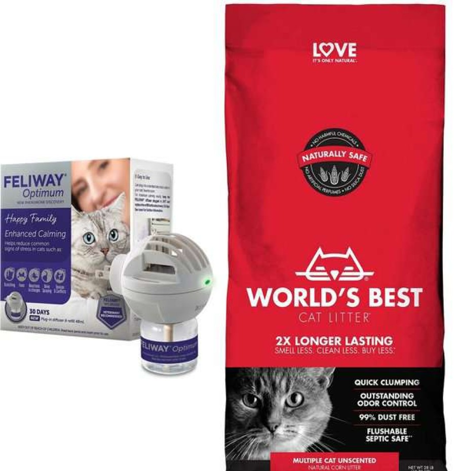 Cat * | Bundle: Feliway Optimum Enhanced Calming 30 Day Diffuser For Cats + World'S Best Multi-Cat Unscented Clumping Corn Cat Litter, 28-Lb Bag Shop