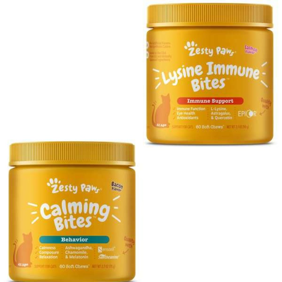 Cat * | Bundle: Zesty Paws Calming Bites Bacon Flavored Soft Chews Calming Supplement For Cats, 60 Count + Zesty Paws Lysine Immune Bites Salmon Flavored Soft Chews Allergy & Immune Supplement For Cats, 60 Count Free Delivery