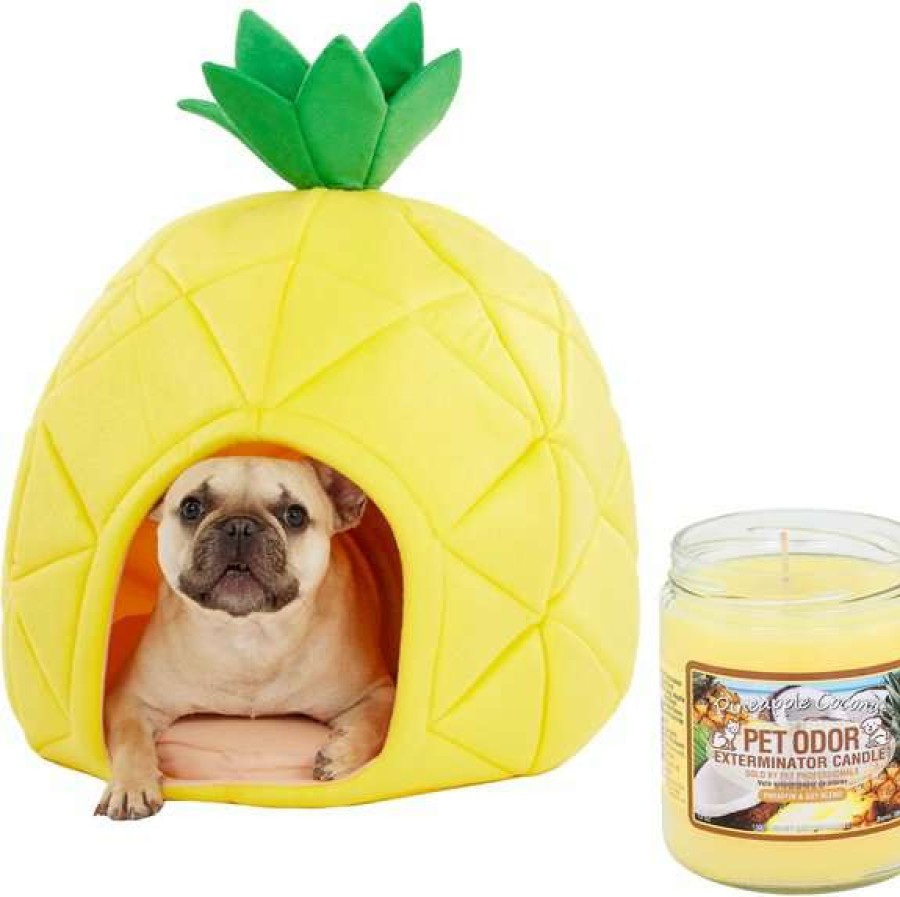 Cleaning & Potty * | Bundle: Yml Pineapple Covered Cat & Dog Bed, Medium + Pet Odor Exterminator Pineapple Coconut Deodorizing Candle, 13-Oz Jar Free Delivery